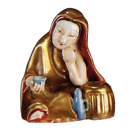 圖為清道光廣彩開光花蝶人物紋雙人耳方口扁瓶細(xì)節(jié)圖，圣母紐蓋。（來源：廣州十三行博物館）