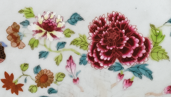 圖為清乾隆粉彩孔雀牡丹紋橢圓盤細(xì)節(jié)圖。（來源：廣州十三行博物館）